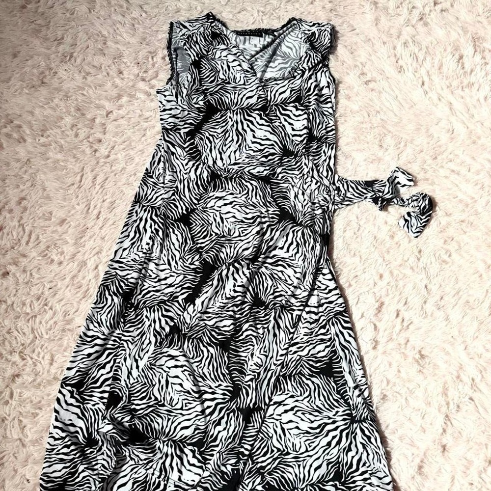 Zebra Animal Print Zoo Statement Monochrome Wrap Dress Womens M Vintage Y2K Bold